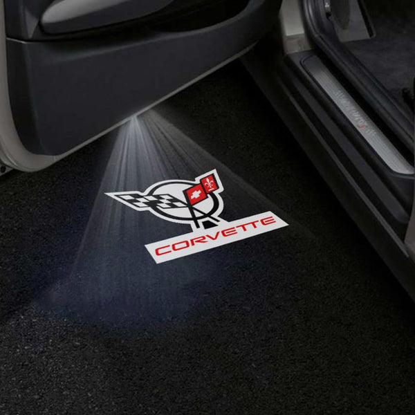 Chevrolet Gobo Puddle Lights Various Designs LED Projectors for Chevrolet Corvette Corvette Logo with Red Word - 1 Pair 2 Doors