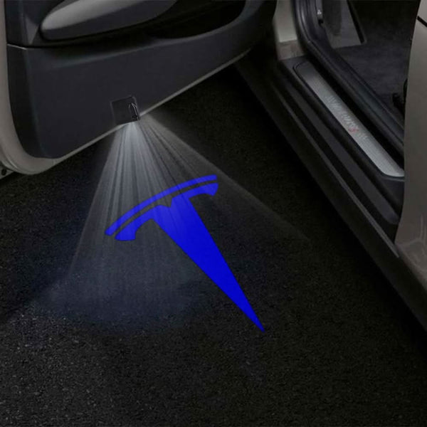 TESLA Tesla Universal Door Stick On Puddle Lights Multiple Designs Tesla Logo Blue - 1 Pair 2 Doors