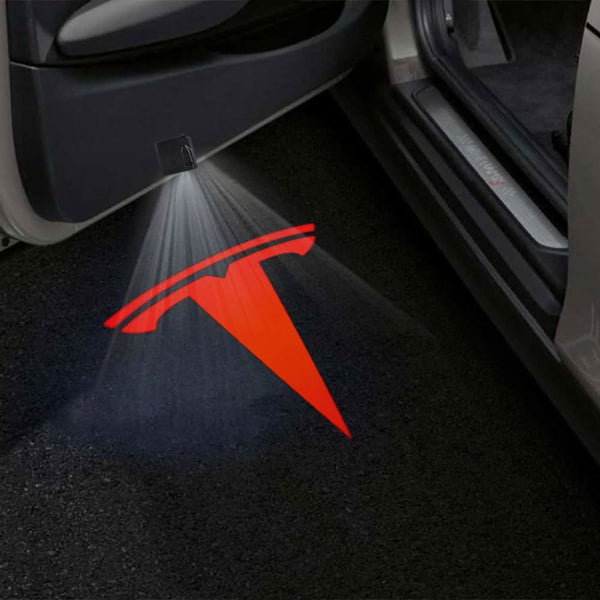TESLA Tesla Universal Door Stick On Puddle Lights Multiple Designs Tesla Logo Red - 1 Pair 2 Doors