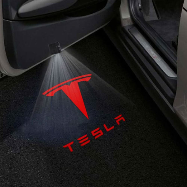 TESLA Tesla Universal Door Stick On Puddle Lights Multiple Designs Tesla Logo With Word Red - 1 Pair 2 Doors