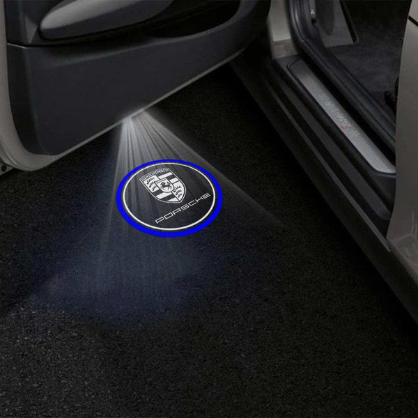 PORSCHE Porsche Cayenne 9PA Premium Door Puddle Lights Multiple Designs 2003-2006 Porche Circle Logo with Blue - 1 Pair - 2 Doors