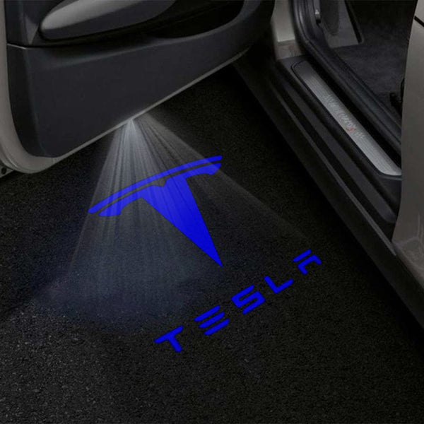 Tesla Logo With Word Blue - 1 Pair - 2 Doors