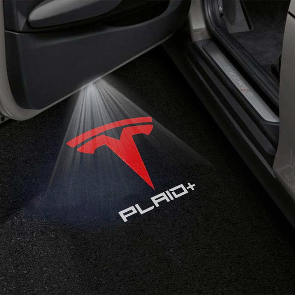 Tesla Logo With Word PLAID Red - 1 Pair 2 Doors