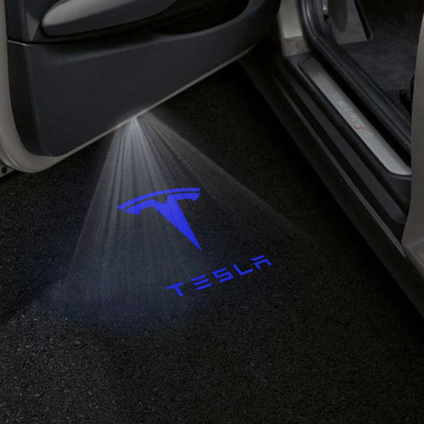 TESLA Tesla Model Y Premium Door Puddle Lights Various Designs 2020–2024 Tesla Logo With Word Blue - 1 Pair 2 Doors