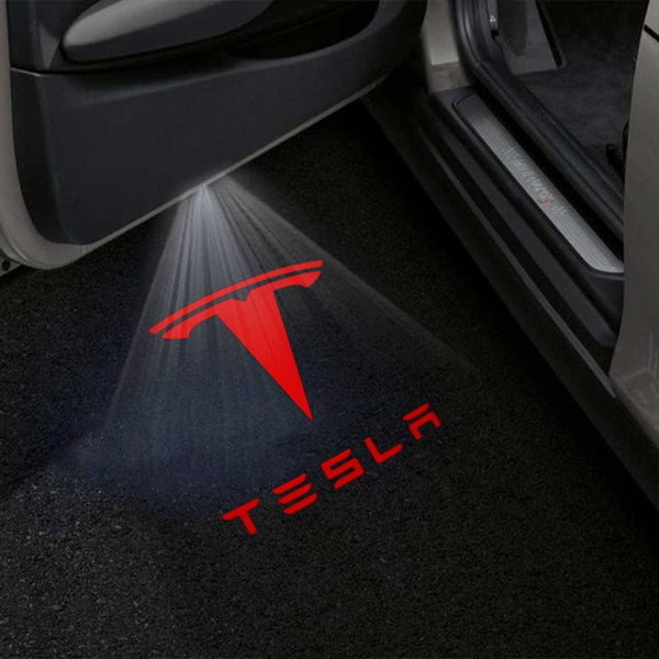 Tesla Logo With Word Red - 1 Pair 2 Doors