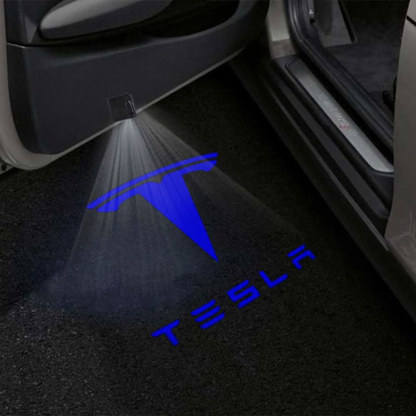 TESLA Tesla Universal Door Stick On Puddle Lights Multiple Designs Tesla Logo With Word Blue - 1 Pair 2 Doors