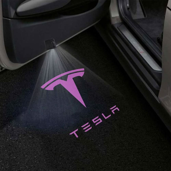 TESLA Tesla Universal Door Stick On Puddle Lights Multiple Designs Tesla Logo With Word Pink - 1 Pair 2 Doors